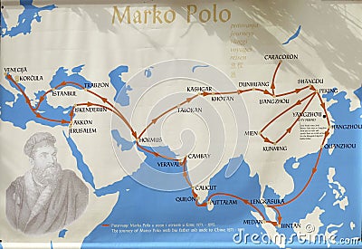 Map of the travels of Marco Polo Editorial Stock Photo