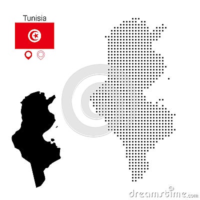 Map of Tunisia vector dotted, with flag and pin Stock Photo