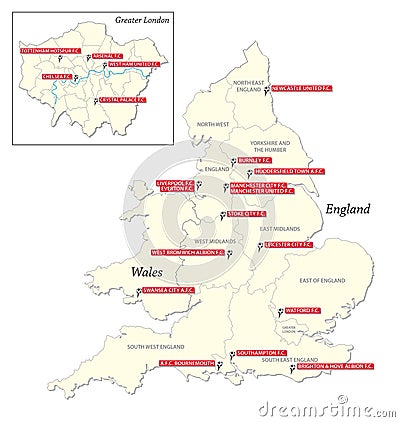 Map with the twenty clubs of the first English football league 2017-2018 Vector Illustration