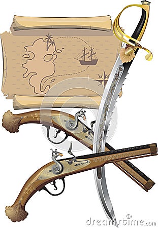 Map, two Pistols, and pirate Sword Vector Illustration