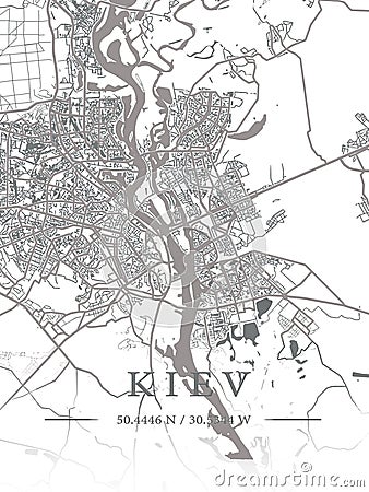 Map of Ukraine, Kyiv, city outline, borders, important cities, rivers and lakes. layout and scaling. Latitude and Stock Photo