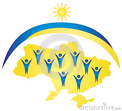 Map of Ukraine in yellow color. On the map there are blue symbolic figures with raised hands, a holiday, jubilation. Vector Vector Illustration