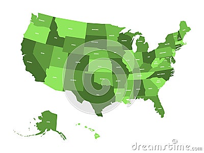 Map of United States of America, USA, in four shades of green with white state labels. Simple flat vector illustration Vector Illustration