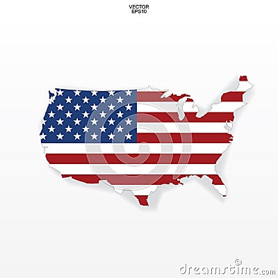 Map of the USA with american flag pattern. Outline of `United States of America` map on white background. Vector Illustration