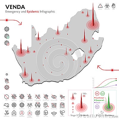 Map of Venda Epidemic and Quarantine Emergency Infographic Template. Editable Line icons for Pandemic Statistics. Vector Vector Illustration