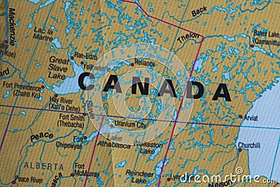 Map view of Canada on a geographical globe. Stock Photo