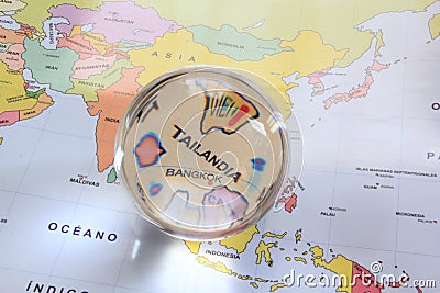 Map view with crystal ball pointing Tailandia Stock Photo