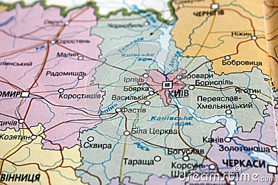 Map view of the Kiev region, Ukraine on a geographical map of Europe. Close-up with blur Stock Photo