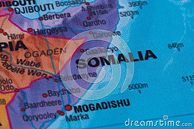 Map view of Somalia on a geographical globe. Stock Photo