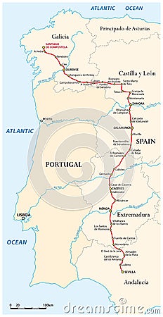 Map of the Way of St. James from Seville to Santiago de Compostela, Spain Vector Illustration