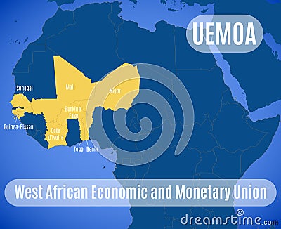 Map of the West African Economic and Monetary Union UEMOA. Vector Illustration