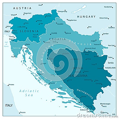 Map of the Western Balkans Aqua Blue Colors Vector Illustration