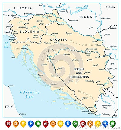 Map of the Western Balkans and Flat Map Pointers Vector Illustration