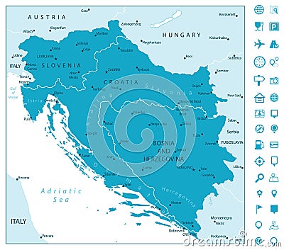 Map of the Western Balkans and Navigation Icons Vector Illustration