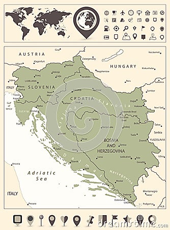 Map of the Western Balkans and World Map with navigation icons Vector Illustration