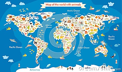 Map of the World with animals. Beautiful colorful vector illustration with the inscription of the oceans and continents. Vector Illustration