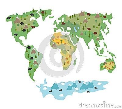 Map of world with animals and trees. Geographic map of globe w Vector Illustration