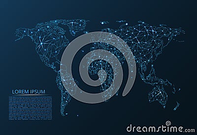 Map of the world communication network. Vector low-poly image of a global map with lights in the form of cities Stock Photo