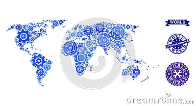 Collage Map of World with Cogs and Rubber Stamps for Service Vector Illustration