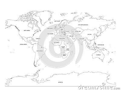 Map of World divided into regions. Thin black outline map. Simple flat vector illustration Vector Illustration
