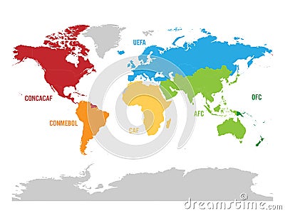 Map of world football, or soccer, confederations - CONMEBOL, CONCACAF, CAF, UEFA, AFC and OFC Vector Illustration