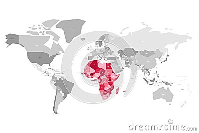 Map of World in grey colors with red highlighted countries of Africa. Vector illustration Vector Illustration