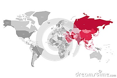 Map of World in grey colors with red highlighted countries of Asia. Vector illustration Vector Illustration