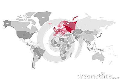 Map of World in grey colors with red highlighted countries of Europe. Vector illustration Vector Illustration