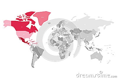 Map of World in grey colors with red highlighted countries of North America. Vector illustration Vector Illustration