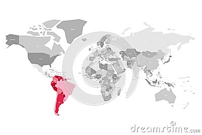 Map of World in grey colors with red highlighted countries of South America. Vector illustration Vector Illustration
