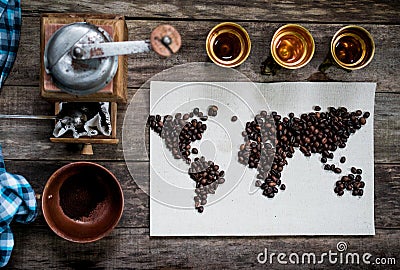 Map of the world, lined with coffee beans on old paper. Eurasia, America, Australia, Africa. vintage. Black coffee Stock Photo