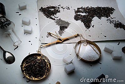 Map of the world, lined with tea leaves. Eurasia, America, Australia, Africa. scales, top view. flat lay Stock Photo