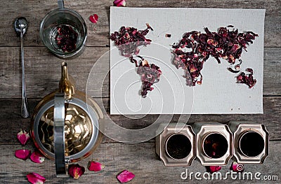 Map of the world, lined with tea leaves on old paper. Eurasia, America, Australia, Africa. vintage. hibiscus tea, tea Stock Photo