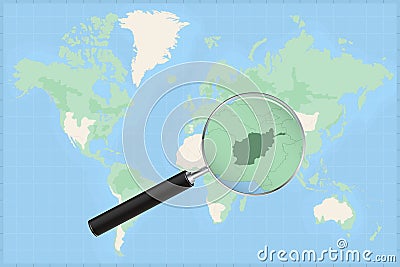 Map of the world with a magnifying glass on a map of Afghanistan Vector Illustration