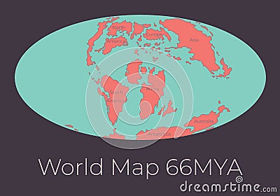Map of the World 66MYA. Vector illustration of Worldmap with red continents and turquoise oceans isolated on dark grey Vector Illustration