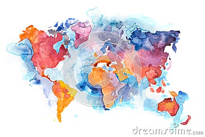 Map of the world with oceans and seas. Watercolor hand drawn Stock Photo