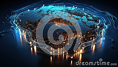 A map of the world surrounded by lights. Generative AI image. Stock Photo