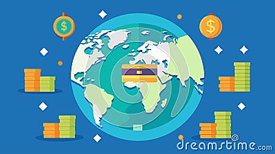A map of the world is surrounded by stacks of different currencies representing the complexity of navigating finances as Vector Illustration