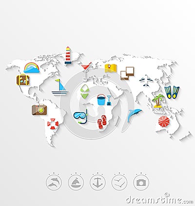 Map of World Travel Concept, Simple Colorful Flat Icons Vector Illustration