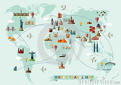 Map of the World and Travel Icons. Vector Illustration