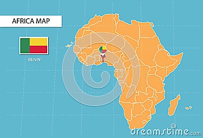 Benin map in Africa, icons showing Benin location and flags Vector Illustration