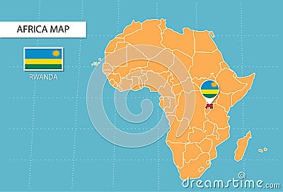 Rwanda map in Africa, icons showing Rwanda location and flags Vector Illustration