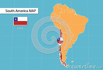 Chile map in America, icons showing Chile location and flags Vector Illustration