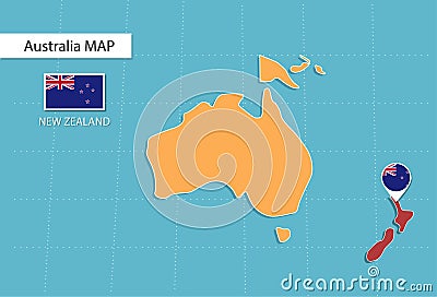 New Zealand map in Australia, icons showing New Zealand location and flags Vector Illustration