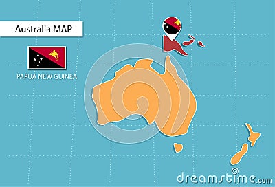 Papua New Guinea map in Australia, icons showing Papua New Guinea location and flags Vector Illustration