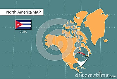 Cuba map in America zoom version, icons showing Cuba location and flags Vector Illustration