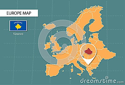 Kosovo map in Europe zoom version, icons showing Kosovo location and flags Vector Illustration