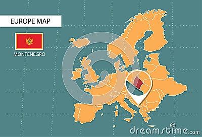 Montenegro map in Europe zoom version, icons showing Montenegro location and flags Vector Illustration
