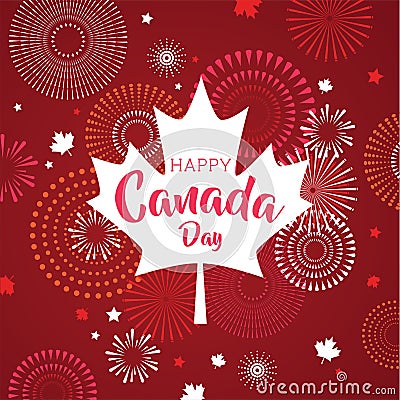 Maple leaf with firework poster for celebrate the national day of Canada. Happy Canada Day card. Canada flag, fireworks Vector Illustration