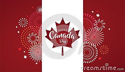 Maple leaf with firework poster for celebrate the national day of Canada. Happy Canada Day card. Canada flag, fireworks Vector Illustration